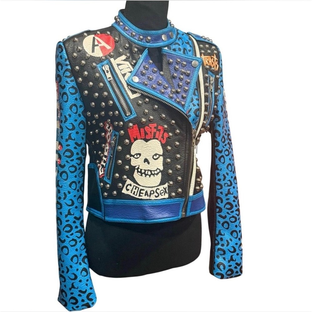 BY THE NANA Studded Leather Cropped Motorcycle Jacket Blue‎ Leopard Print Size L